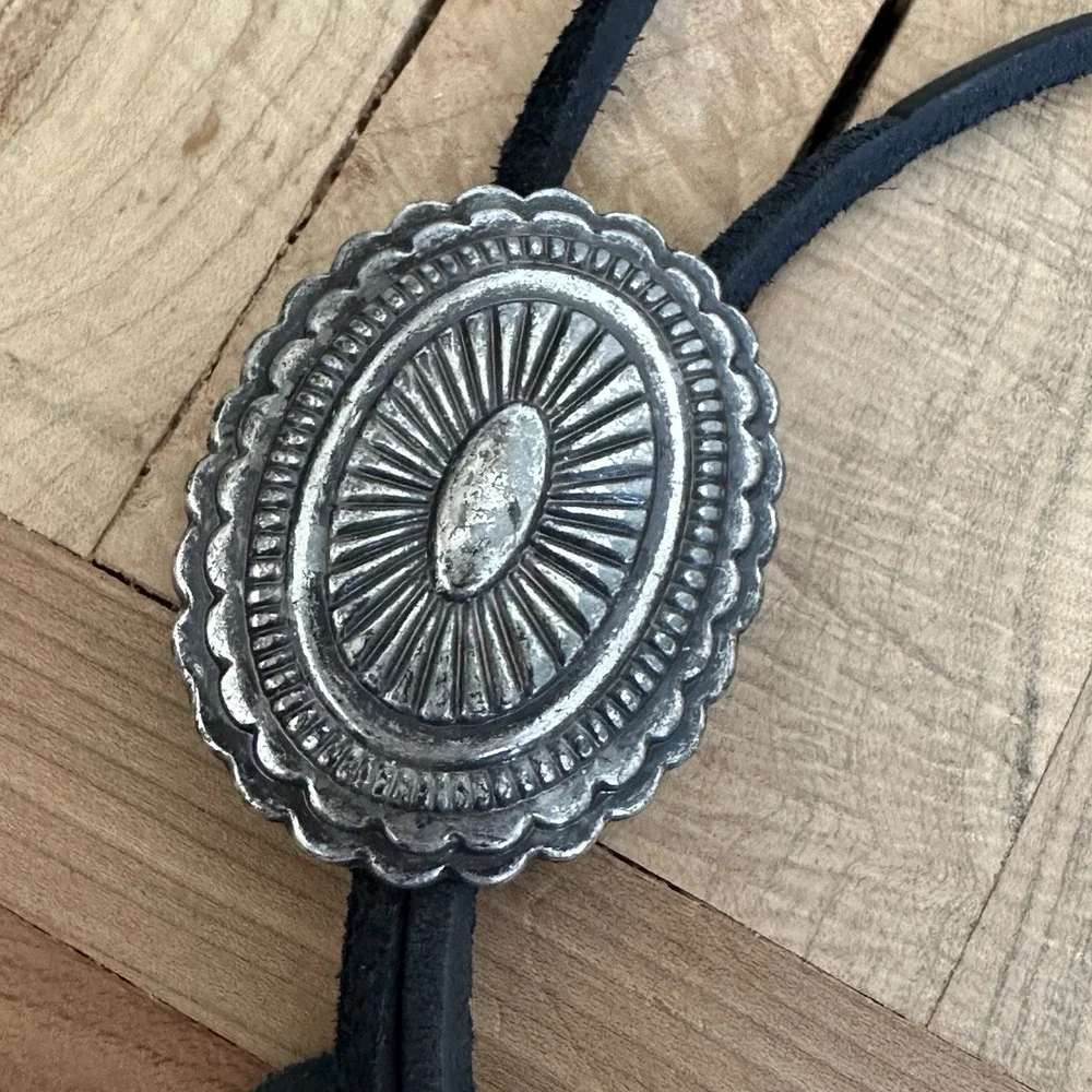 Vintage Western Bolo Tie 40 Inch Silver Plated Brass Concho Black Leather Cord